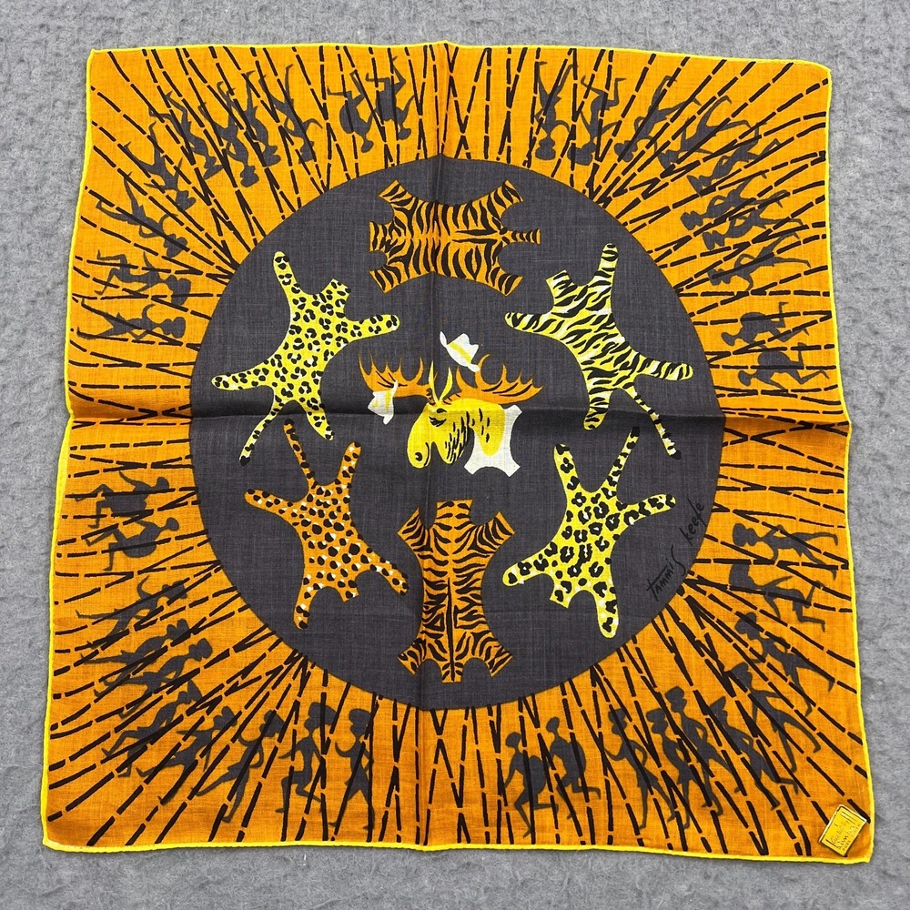 VTG Tammis Keefe Handkerchief Orange Tiger Pelt Moose Square Hankie +Sticker Tag